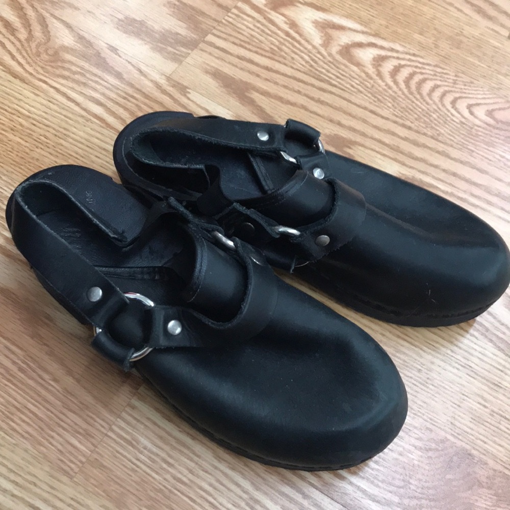 Black leather motorcycle slip on clogs